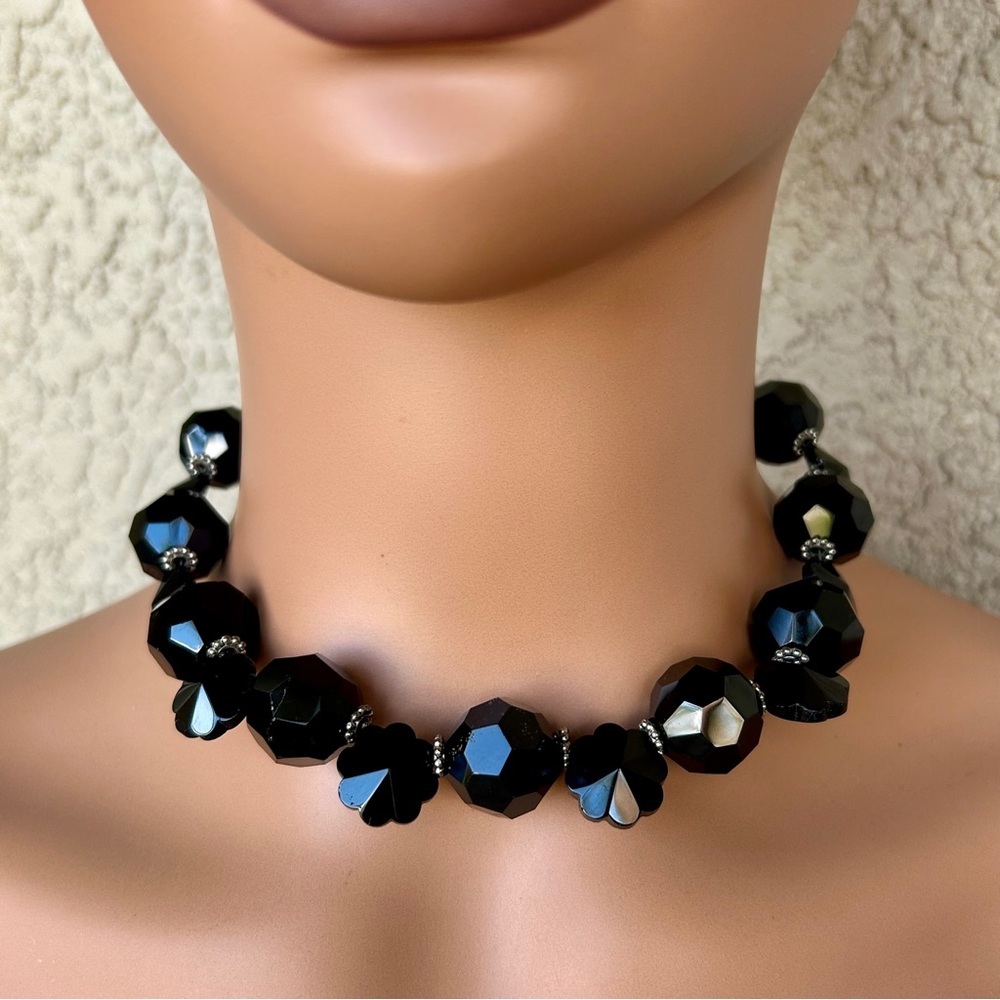Vintage Style Black Glass Beaded Collar Necklace